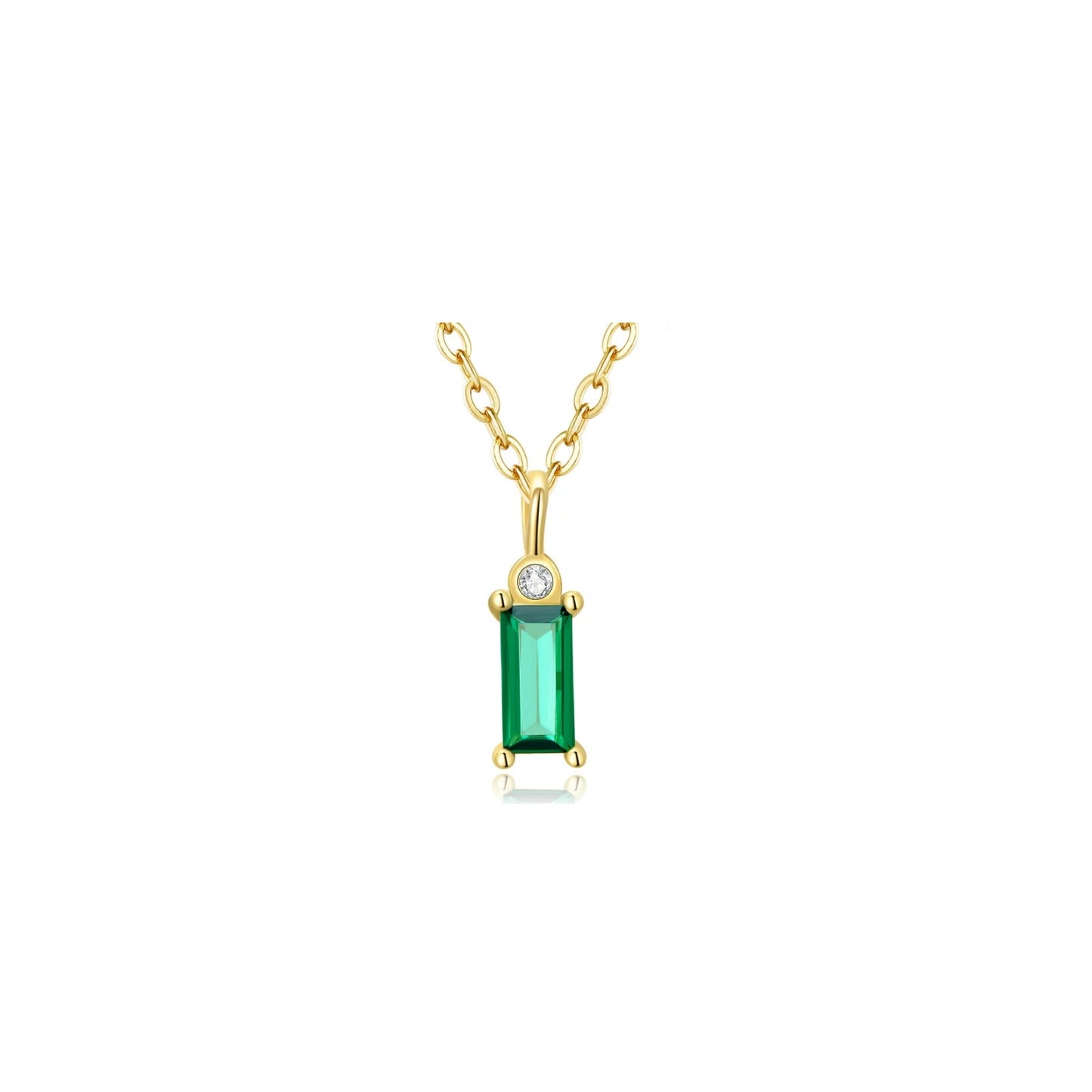 [Necklace] Bamoer 925 Sterling Silver Green Zircon Pendant Necklace for Women Fine Jewelry Plated Gold Link Chain Women Jewelry Gift 17.3''