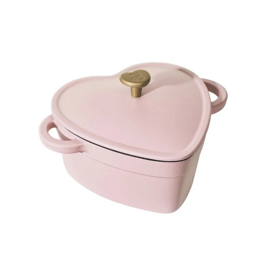 [cookware] Pink Enameled Cast Iron Dutch Oven Heart-Shaped Pot with Lid, Dual Handles, Works on All Stovetops, Oven Safe to 500°F, 2-Quart