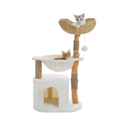 [supplies] Modern Cat Tree for Large Cats Wood Tower for Indoor Cats Real Branch Luxury Cat Furniture with Super Large Cozy Condo Hammock